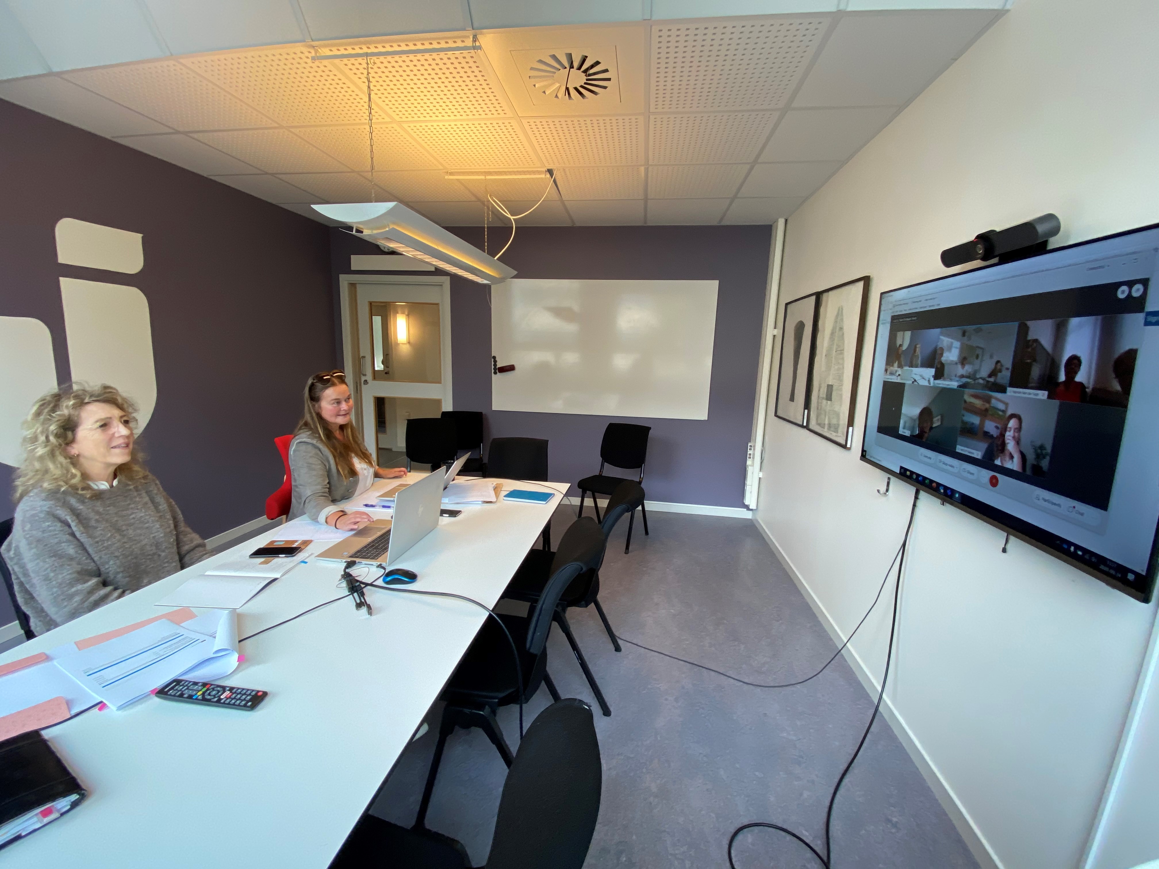 Två kvinnor deltar i ett digitalt möte.